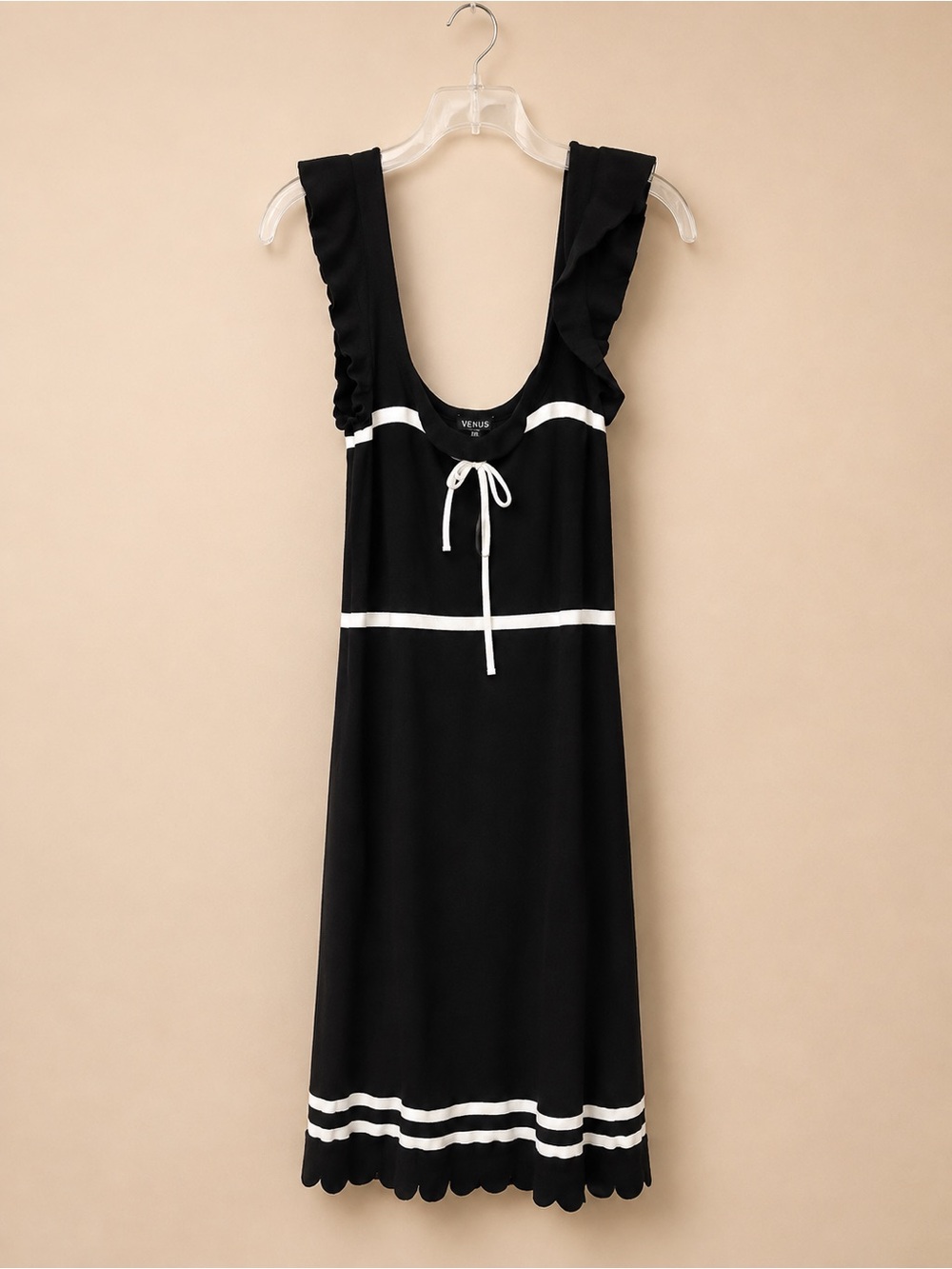 NWOT Venus Sleeveless Knit Midi Dress Medium Petite Black White Ruffle Trim